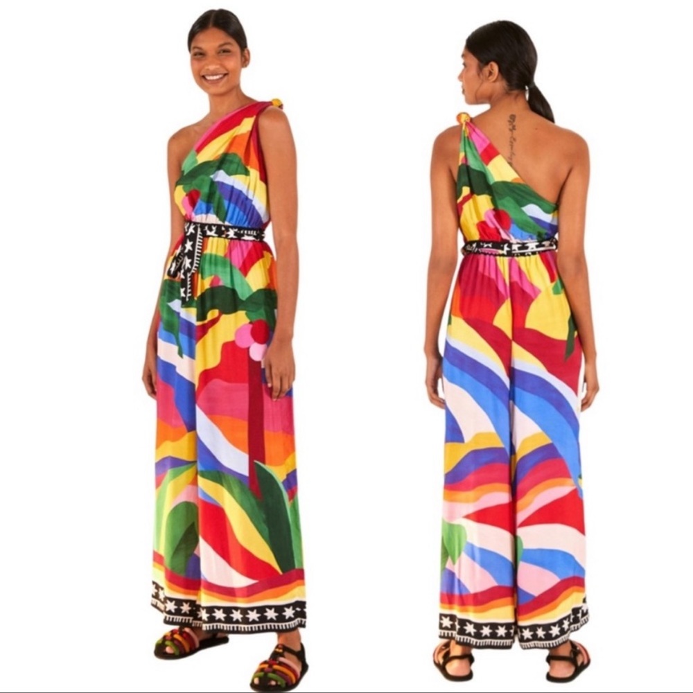 FARM RIO Wide Leg Flowy Jumpsuit One Shoulder Multicolor Print Size L